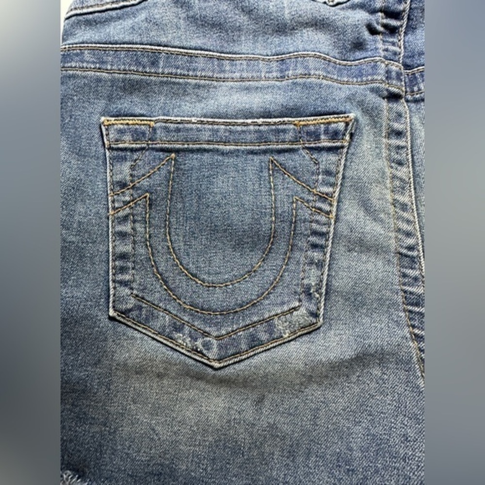 True Religion Denim Overall Shorts Raw Hem Adjustable Straps Side Buttons Large - Picture 10 of 13